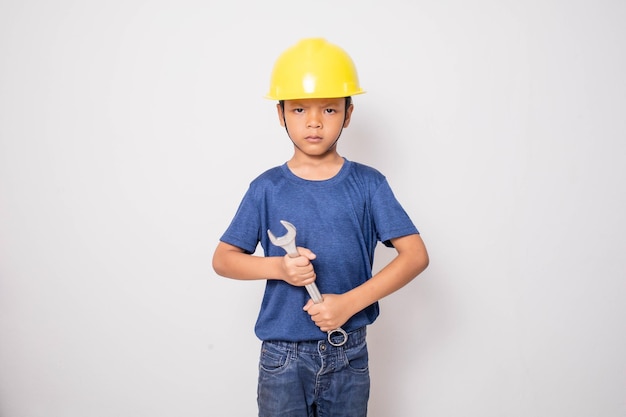 Foto junge mit gelbem hut ingenieur idee