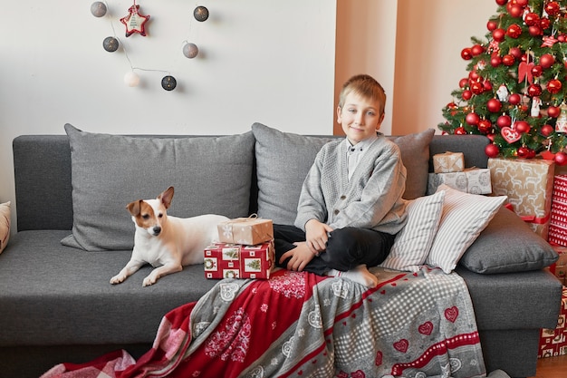 Junge mit Hund nahe Weihnachtsbaum auf Weihnachtshintergrund