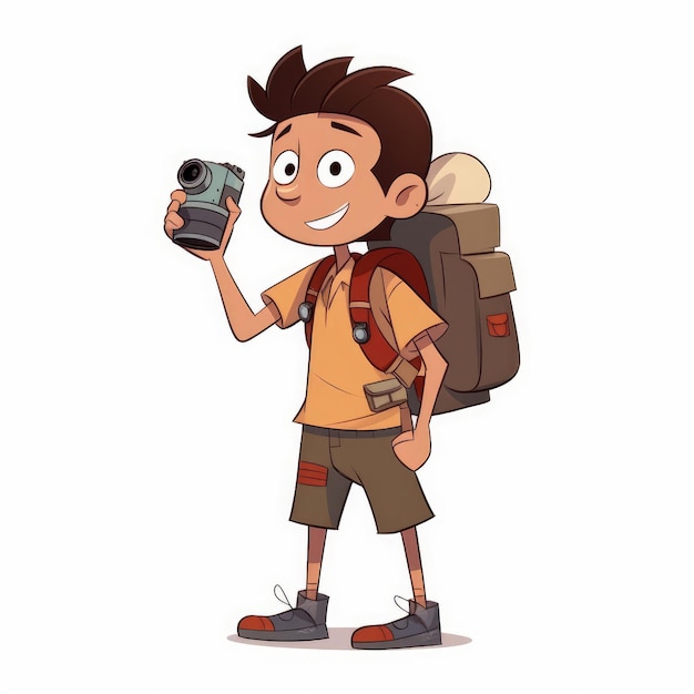 Junge mit Kamera und Rucksack im Cartoon-Stil, weißer Hintergrund, KI generiert