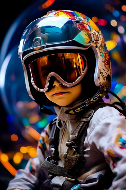 Junge mit Motorradhelm und Sicherheitsbrille auf farbigem Hintergrund Porträt