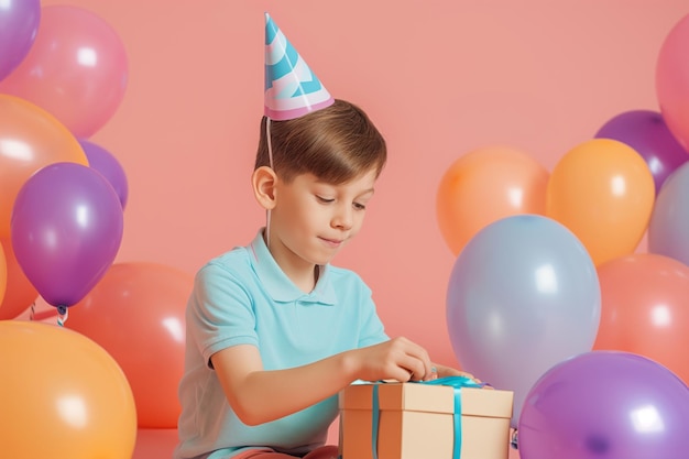 Junge mit Party-Hut öffnet Geschenk-Box-Ballons herum