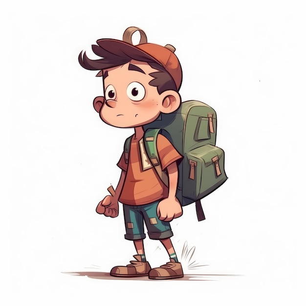 Junge mit Rucksack im Cartoon-Stil, einzelner weißer Hintergrund, KI generiert