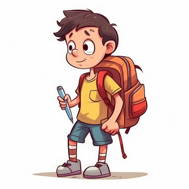 Junge mit Rucksack im Cartoon-Stil, einzelner weißer Hintergrund, KI generiert