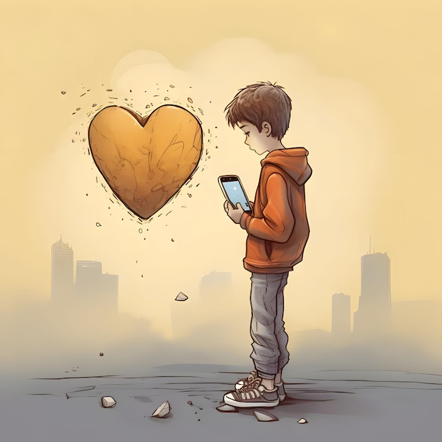 Junge mit Smartphone in den Händen gegenüber ihm Herz leichter Hintergrund Herz als Symbol für Zuneigung und Liebe