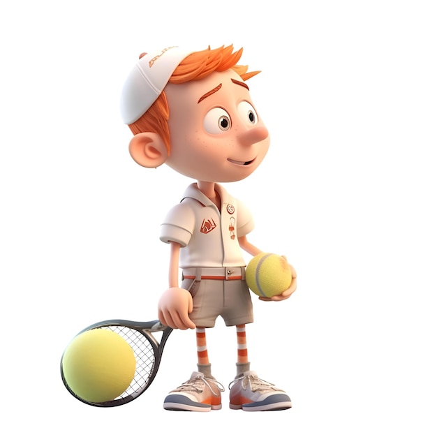 Junge mit Tennisschläger und Ball 3D-Rendering isolierter weißer Hintergrund