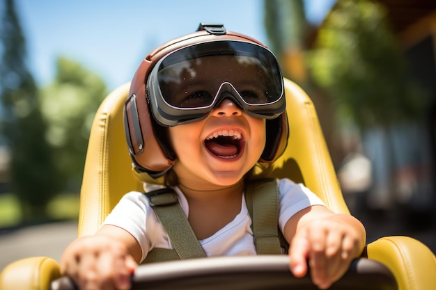 Junge mit Virtual-Reality-Headset sitzt auf dem Autositz, VR-Brille, Innovationstechnologie, generative KI