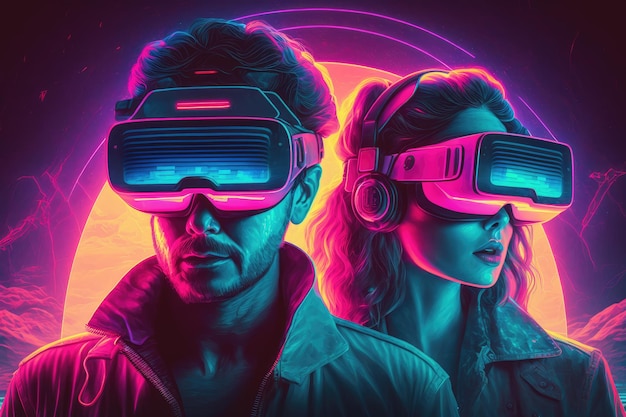 Junge mit VR-Headset in der entgegengesetzten Pose Illustrationen in 4K Cyberpunk-Welt voller lebendiger Farben