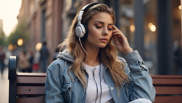 Junge modische Frau hört Musik mit drahtlosen Kopfhörern auf einem Smartphone