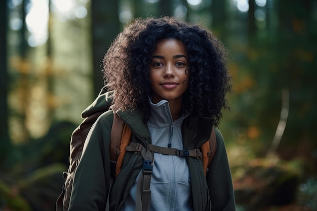 Junge multiethnische Frau wandert im Wald