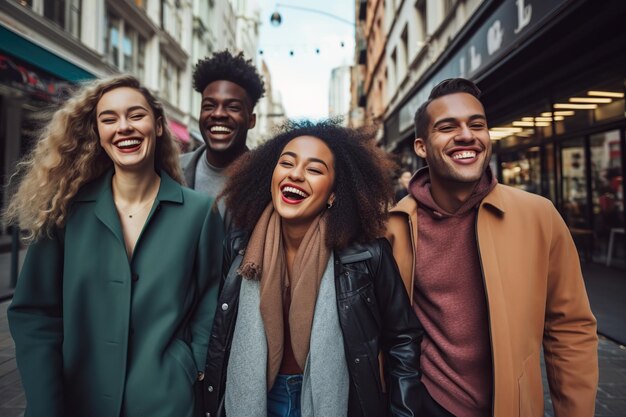 Junge multiethnische Freunde, die Spaß haben und durch die Stadt laufen