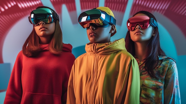 Junge multiethnische Gruppe von Menschen mit generativer KI, die eine 3D-VR-Brille verwenden