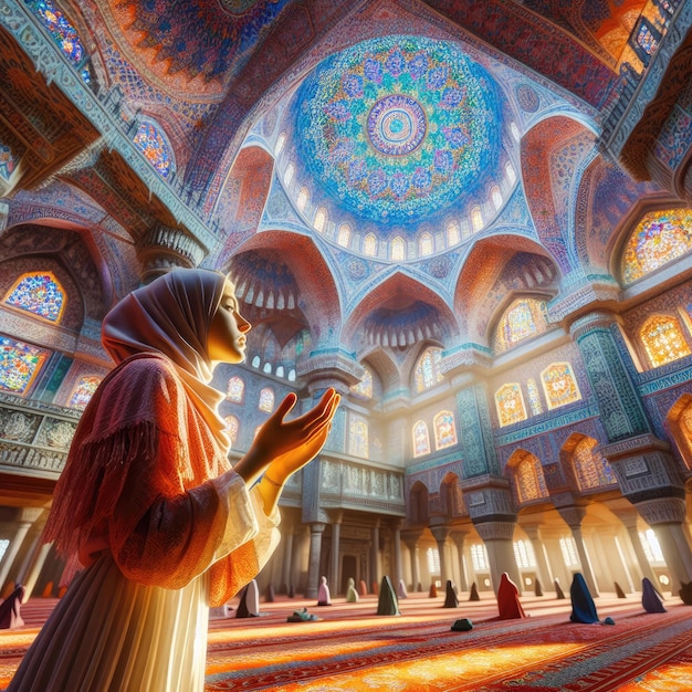 Junge muslimische Frau, die in der Moschee mit offener Hand betet