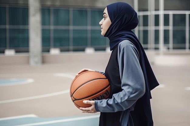 Junge muslimische Frau im Hijab hält einen Basketballball auf dem Basketballplatz Sport Outdoor-Aktivitäten Verschiedene Kulturen und Rassen Generative KI