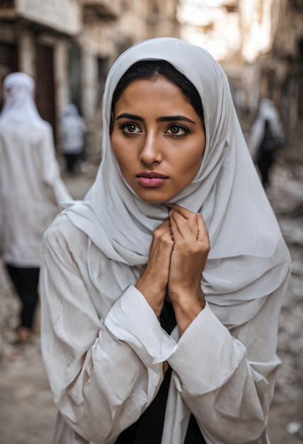 Junge muslimische Frau mit Hijab, traurig wegen des Krieges, regenerative KI von Aquiles Orfei