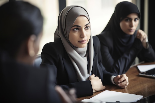 Junge muslimische Geschäftsfrau im Hijab sitzt am Tisch im Büro Generative KI