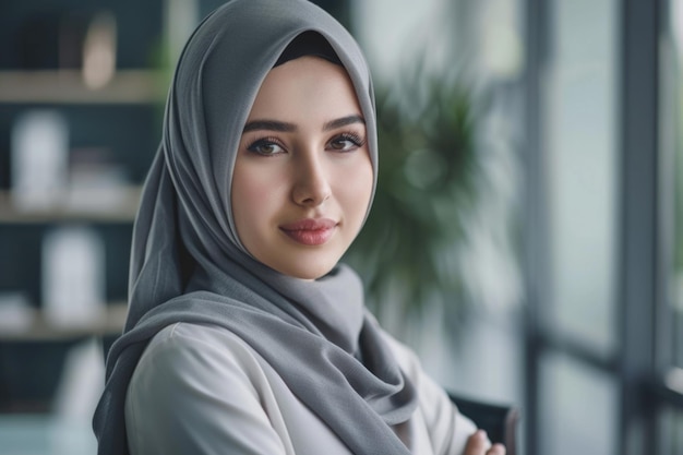 Junge muslimische Geschäftsfrau mit Hijab im Büro Porträt