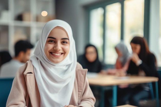 Junge muslimische Studentin in traditioneller Hijab-Kleidung lächelt im Klassenzimmer und nutzt Laptop zum Lernen