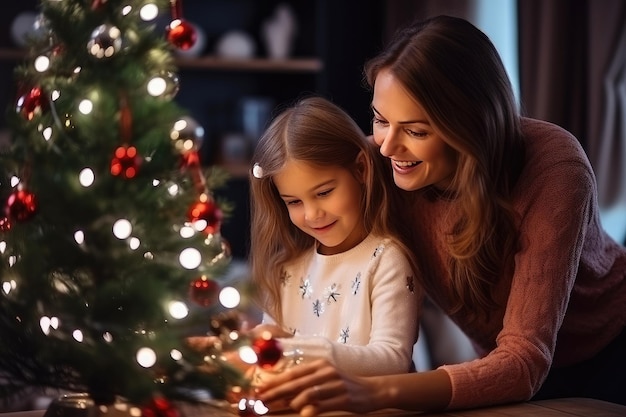 Junge Mutter und Tochter in der Nähe des Weihnachtsbaums