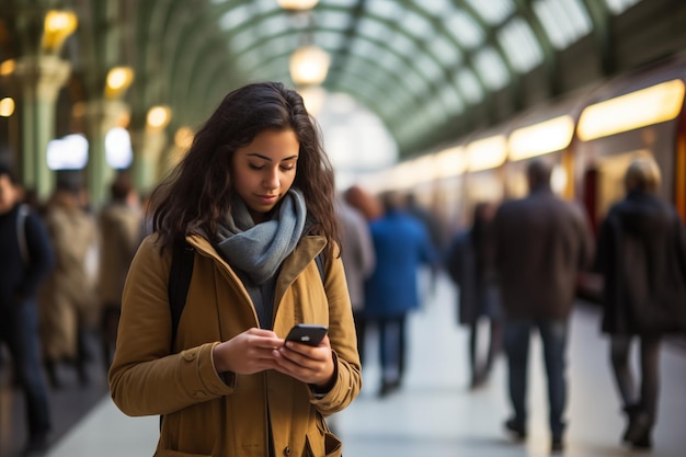 Junge nachdenkliche Frau auf dem Bahnsteig oder in der U-Bahn-Station Raum für Text Generative KI
