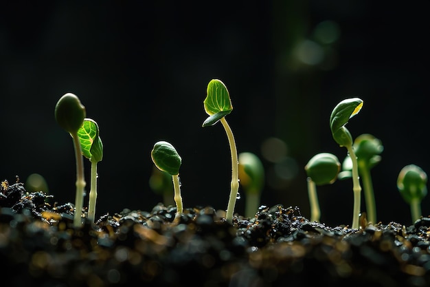 Junge Pflanzen, die in einem Boden mit dunklem Hintergrund sprießen
