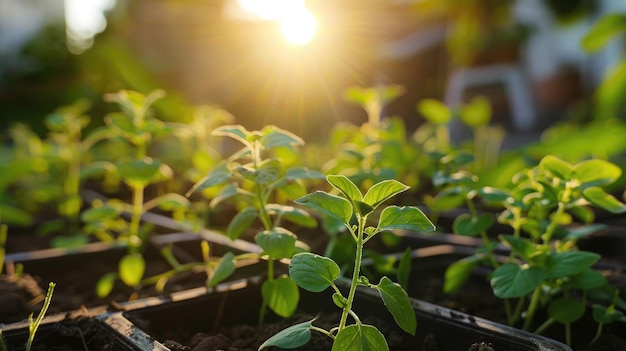 Junge Pflanzen wachsen bei Sonnenaufgang im Boden mit Sonnenschein