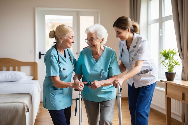 Foto junge pflegekraft, die einer älteren frau beim gehen hilft krankenschwester, die ihrer alten patientin im pflegeheim hilft ältere frau mit gehstock, die von einer krankenschwster zu hause geholfen wird