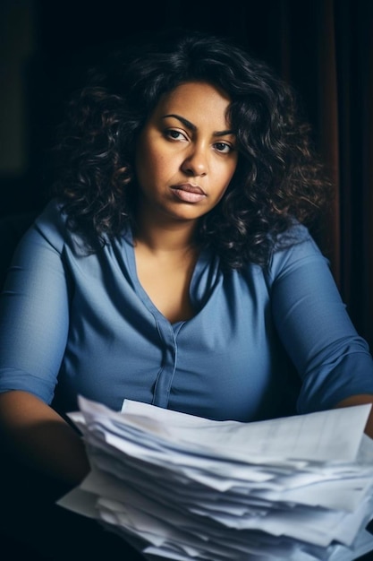 Junge Plus-Größe-Frau arbeitet mit Dokumenten, während sie auf der Couch im Heimbüro sitzt