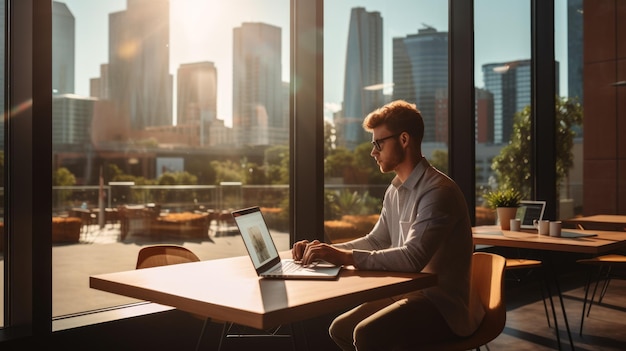 Junge professionelle Männer arbeiten an einem Laptop in einem modernen Büro mit Blick auf die Stadt