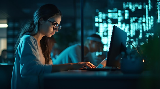 Junge Programmiererin schreibt nachts im Büro Code auf die Tastatur