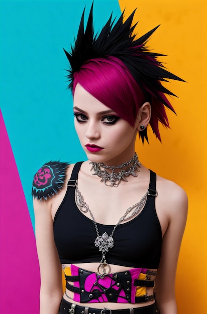 Junge Punk-Frau Porträt einer vulgären Frau mit hellem, gewagtem Bildstil Generative KI