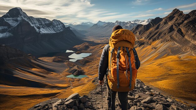 Junge Reisende mit gelbem Rucksack auf einer Klippe und Blick auf die Berge. Sportkonzept-Reisende. Aktiver Lebensstil