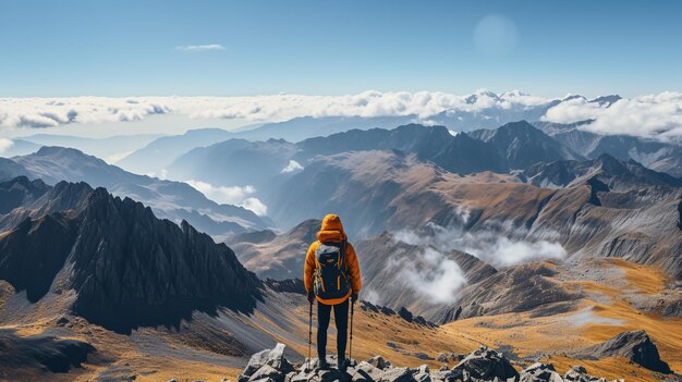 Junge Reisende mit gelbem Rucksack auf einer Klippe und Blick auf die Berge. Sportkonzept-Reisende. Aktiver Lebensstil
