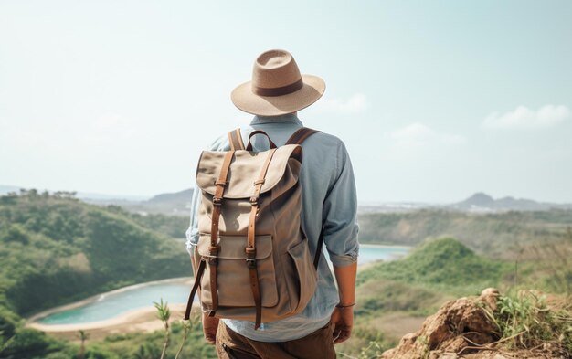 Junge Reisende mit Hut und Rucksack wandern im Freien Reise Lifestyle und Abenteuerkonzept