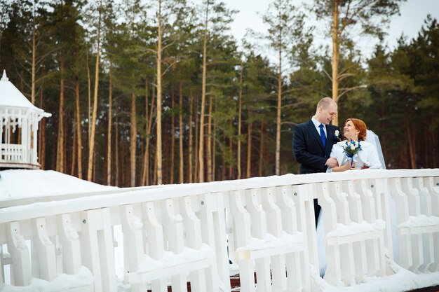 Junge romantische Paare des Bräutigams und der Braut, die auf der Brücke stehen und küssen. Schöne Hintergrundansicht des Winterwaldes