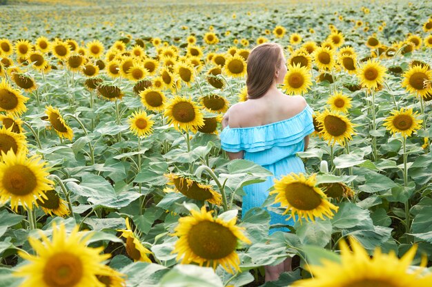 Junge Rothaarigefrau mit umsponnener Frisur im Sommersonnenblumenfeld