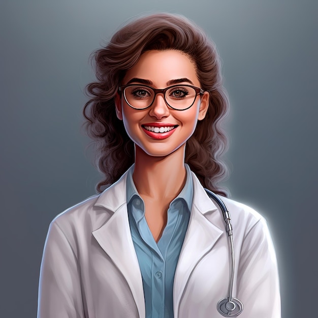 Junge Ärztin in lässigem Outfit und Laborkittel erstaunt und lächelnd in die Kamera