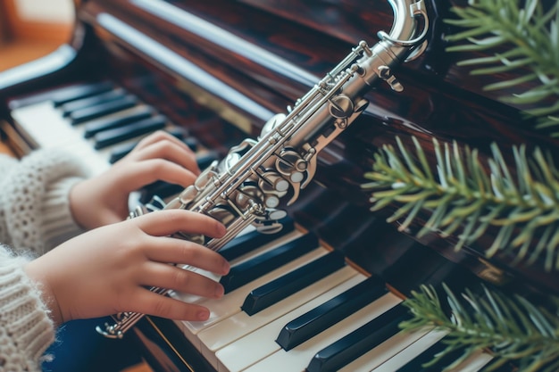 Junge Saxophonist spielt Altsaxophon über Klavierhintergrund