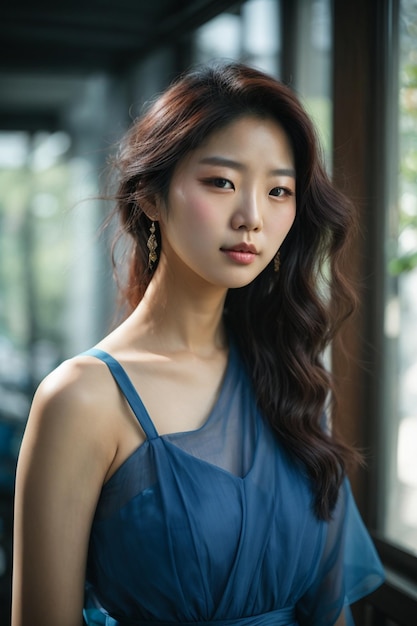 Junge schöne asiatische Frau mit blauem Kleid