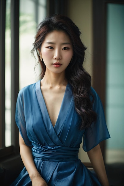 Junge schöne asiatische Frau mit blauem Kleid