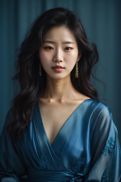 Junge schöne asiatische Frau mit blauem Kleid