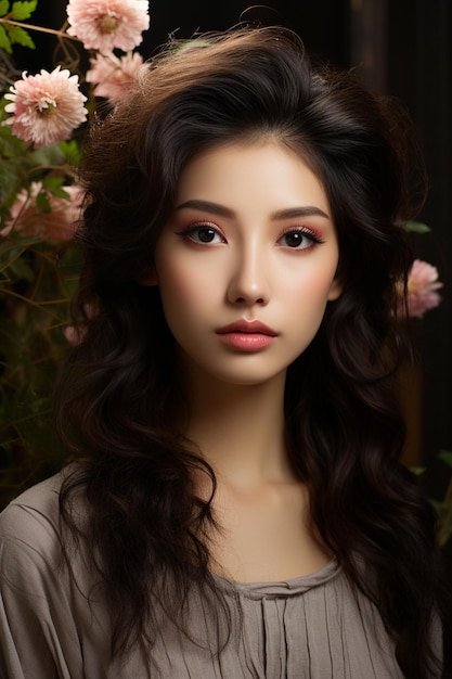 Junge schöne asiatische Frau mit koreanischem Make-up auf dem Gesicht und vollkommen sauberer Haut und wunderschön