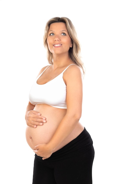 Junge schöne blonde Frau schwanger erwartet Baby vor isoliertem weißem Hintergrund mit einem glücklichen und kühlen Lächeln im Gesicht