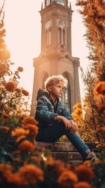 Junge schöne blonde Junge in rotem Pullover wirft Herbstblätter und sitzt auf einem Holzstumpf Generative KI