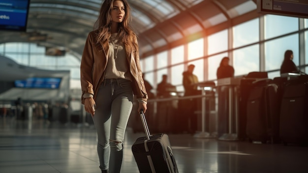 Junge schöne Frau auf dem Flughafen mit einem Kofferbild über Reisen um die Welt auf ihrem Urlaub Kopierraum für Text