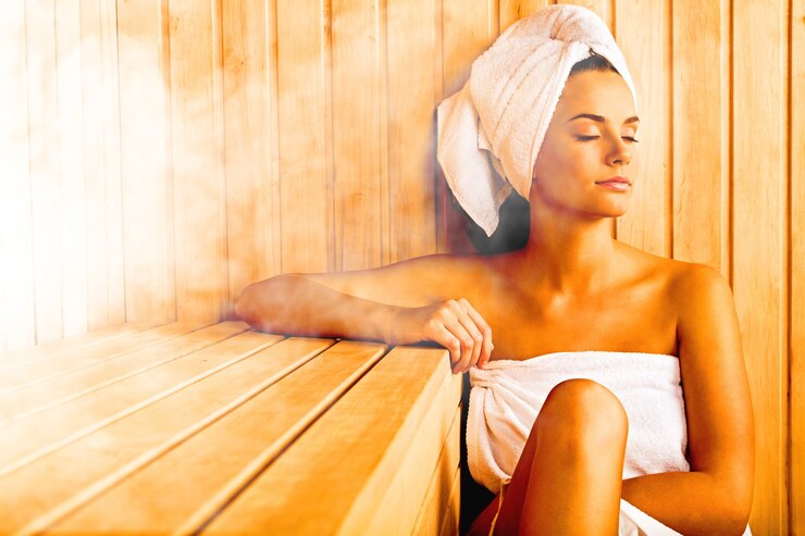 Foto junge schöne frau, die sich in der sauna entspannt