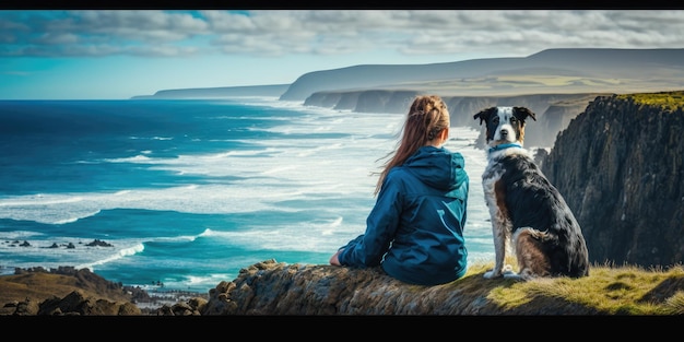 Junge schöne Frau genießt die Aussicht mit ihrem Hund während der Wanderung auf der Meeresklippe