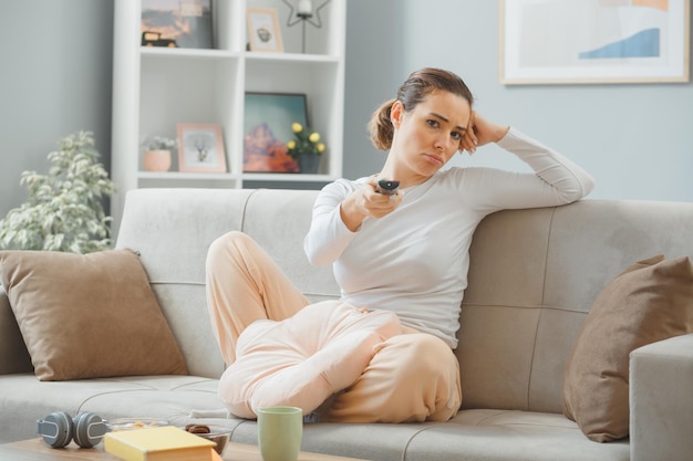 Junge schöne Frau in Freizeitkleidung, die zu Hause auf einer Couch sitzt und mit der Fernbedienung fernsieht und in die Kamera blickt, die verwirrt und unzufrieden ist, wenn sie das Wochenende zu Hause verbringt