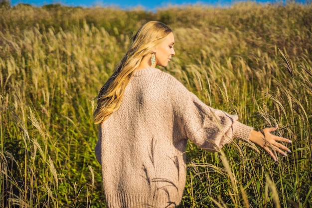 Junge schöne Frau in Herbstlandschaft mit trockenen Blumen Weizenspitzen Mode Herbst Winter Sonniger Herbst Gemütlicher Herbstpullover Modefoto