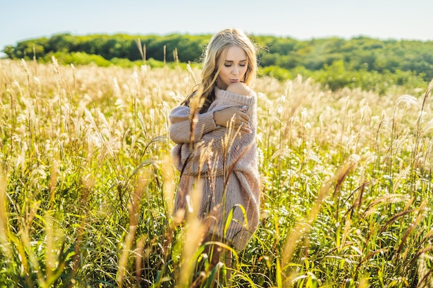 Junge schöne Frau in Herbstlandschaft mit trockenen Blumen Weizenspitzen Mode Herbst Winter Sonniger Herbst Gemütlicher Herbstpullover Modefoto