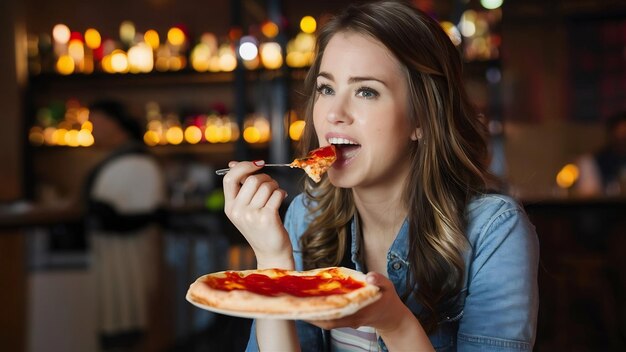 Junge schöne Frau isst Pizza in einer Bar